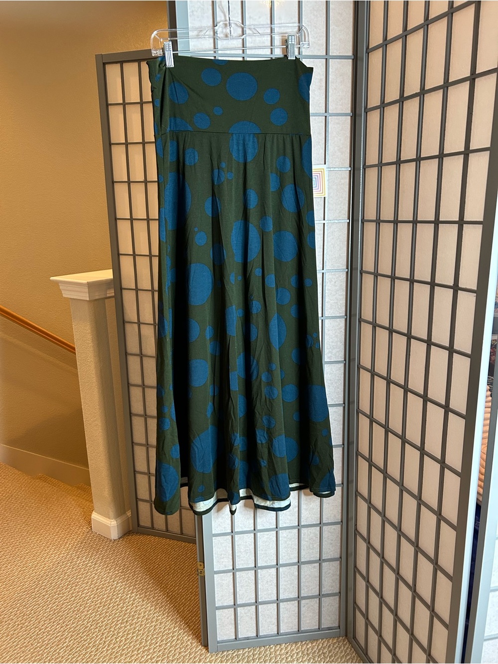 NWT LuLaRoe Olive Green Maxi Skirt with Blue Polka Dots